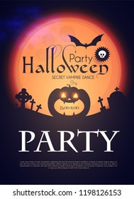 Halloween Party Silhuette Design Template with Pumpkin, Cobweb, Spider, Moon and Bat. Vector illustration