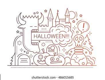 Halloween party simple line flat design card with holidays symbols - monsters, pumpkins