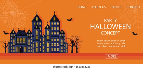 Halloween party site banner with big castle and spider web. Orange background vector. Flat style