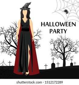 Halloween party site banner with woman wearing black dress and witch hat, pumpkin, bats and spider web. White background vector. Flat style