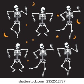 Halloween fiesta Skeleton Vector de baile Impresión de camiseta Cartel Sticker fondo negro