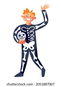 Halloween party and skeleton kid character vector illustration. Cartoon cute happy boy with funny face wearing monster costume with bones, holding skull in hand, walking, waving isolated on white