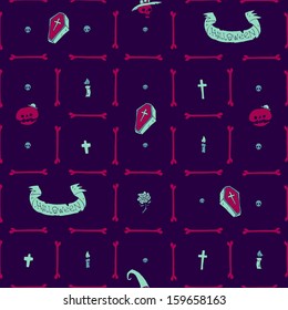 Halloween party skull background seamless pattern. Vector pattern for web page backgrounds, postcards, greeting cards, invitations, pattern fills, surface textures. Great for children bedroom.