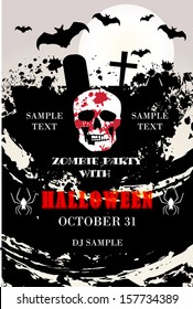 Halloween Party with Skull Bats Spider on Grunge Cemetery / Zombie Party with Halloween  
