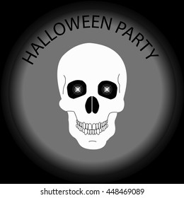 halloween party: skull with glowing eyes in the dark,   Happy Halloween Poster. template greeting or invitation. Halloween vector illustration