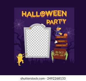 Halloween Party Socials Media.  Ghost, spider and spider net in a mystical forest before a black background for square banners, invitation, party flyers.