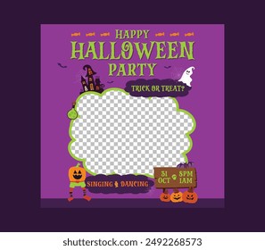 Halloween Party Socials Media.  Ghost, spider and spider net in a mystical forest before a black background for square banners, invitation, party flyers.