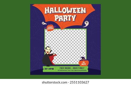 Dia das Bruxas (em inglês) "Halloween Party Social Media" . Perfeito para convites de Halloween, promoção de eventos ou decorações de festa. Ilustração vetorial.