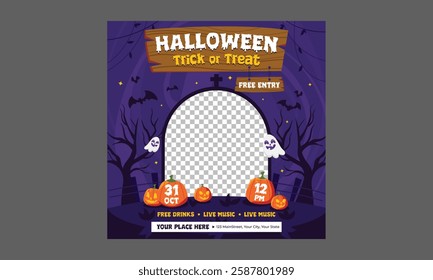 Halloween Party Socials Media. Halloween Sale Promotion Poster template with Halloween pumpkins, cute ghost, coupon, shopping bag .Website spooky or banner template. Vector illustration