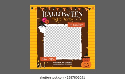 Halloween Party Socials Media. Halloween Sale Promotion Poster template with Halloween pumpkins, cute ghost, coupon, shopping bag .Website spooky or banner template. Vector illustration