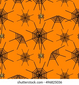 Halloween party spider net vector pattern. Black and orange spooky background with glitter spider.