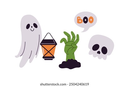 Conjunto de íconos de Vector de color plano de personajes y artículos de espíritu de fiesta de Halloween. Paquete de ilustración de fantasma, mano zombi y cráneo sobre fondo blanco