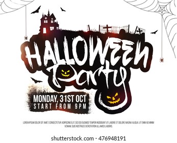 Halloween Party with Spooky background with silhouette of castle in graveyard.