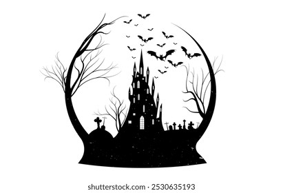 Halloween Party, uma silhueta assustadora de uma casa assombrada em uma colina com morcegos, castelo e cemitério, ilustração de vetor de logotipo de noite escura. Modelo de panfleto de convite de festa assustadora com símbolos de horror