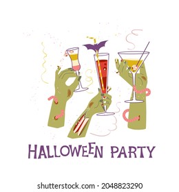 Halloween Party square poster. Dead zombie hands holding bloody cocktails isolated on white background. Flat Art Vector Illustration