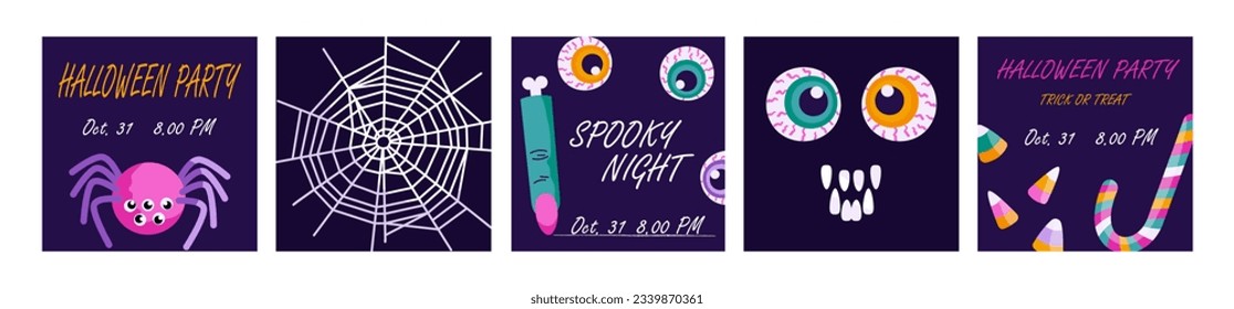 Halloween party square posters set. Spooky night, witch finger, monster eyes and spider web isolated on violet background. Five banner templates, cards, invitations. Vector illustration