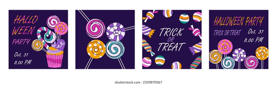 Halloween party square posters set. Trick or treat, spooky lollipops, cupcake isolated on violet background. Four banner templates, cards, invitations. Vector illustration