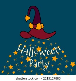 Halloween party sticker with magic hat and stars. Vector illustration.