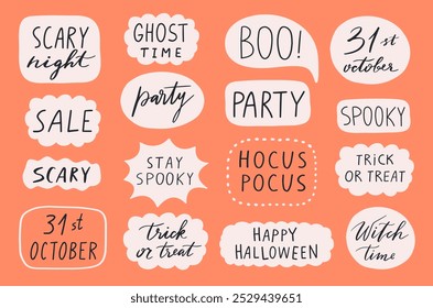 Conjunto de pegatinas de fiesta de Halloween. Frases dibujadas a mano sobre Halloween. Truco o trato, noche de miedo, tiempo de bruja, Hocus Pocus, etc. Perfecto para tarjetas, invitación, póster, Anuncio, etc. Ilustración vectorial