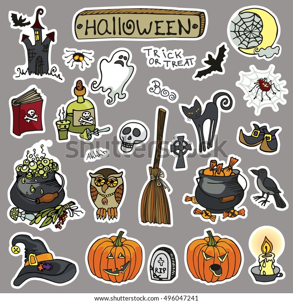 Halloween Party Stickers Iconsdoodle Hand Drawing Stock Vector (Royalty  Free) 496047241 | Shutterstock