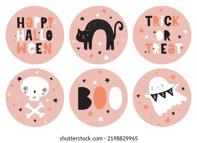 Halloween Party Stickers  Round Cake Toppers and Black Cat  White Skull   Cute Ghost Pastel Pink Background  Handwritten Happy Halloween  Boo   Trick Treats  Halloween Vector Prints 