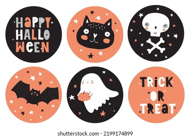 Halloween Party Stickers. Round Cake Toppers with Cat, White Skull, Bat and Cute Ghost on a Black and Orange Background. Handwritten Happy Halloween and Trick or Treats. Halloween Vector Prints.