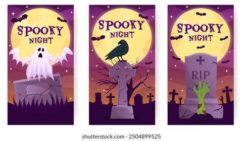 Plantilla de historias de fiesta de Halloween. Afiche de Vertical de noche espeluznante, Anuncio con lápida, fantasma, cuervo, mano de zombi.