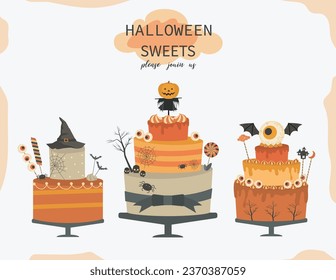 Halloween party sweets. Cake candy cupcakes, Design for holiday design.Vector illustrations.