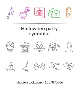 Halloween party symbolic icons. Bats, melting eye, sweeping broom. Halloween concept. Vector illustration can be used for topics like holiday, festivals, celebration