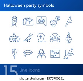 Halloween party symbols line icons. Broom and hat, vampire teeth, trident. Halloween concept. Vector illustration can be used for topics like holiday, festivals, celebration