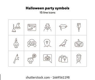 Halloween party symbols line icons. Broom and hat, vampire teeth, trident. Halloween concept. Vector illustration can be used for topics like holiday, festivals, celebration