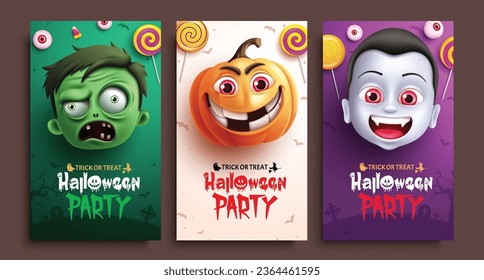 Halloween party tags vector set design. Halloween trick or treat text with horror characters for gift tag, sticker and postcard collection. Vector illustration party dedication gift tags.