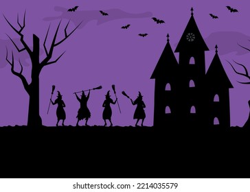 Halloween-Party-Vorlage. Halloween Coven. Hexen tanzen mit Besen. Schwarze Silhouetten von Frauen, Schloss und Bäumen auf violettem Hintergrund. Es sind auch Fledermäuse auf dem Bild. Vektorgrafik