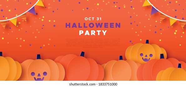 Halloween party template, cute paper cut pumpkin patch with funny smiling faces for children celebration or happy online event. Autumn season holiday invitation design.