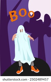 Halloween party template design. Boy in spooky ghost costume make boo to scare at Halloween. Festive poster, banner, flyer