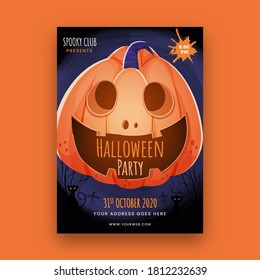 Halloween Party Template or Flyer Design with Spooky Pumpkin and Venue Details.
