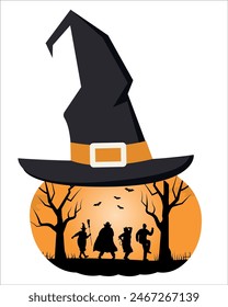 Halloween party template. People in Halloween Costumes dance. Halloween coven. Black silhouettes of people, trees, bats on orange background in pumpkin shape and witch's hat. Vector illustration.