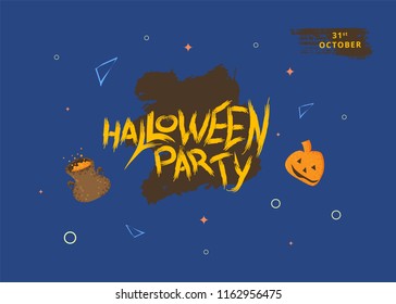 Halloween Party template with pumpkin, poison pot and decoration. Horizontal banner. Element for holiday design. Vector illustration.