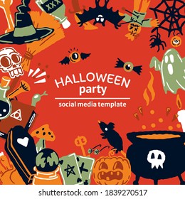Halloween party template set of magic elements. Magic hat, bat, skull, candle, pumpkin, magic ball, playing cards, ghost, snake, mushroom, poison,, knife, web, spider, eye, bone, magic book, candle