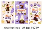 Halloween party template for social networks.  Children in funny and scary witch, ghost and monster costumes. Festive background, postcard for event invitation. Halloween web banner.