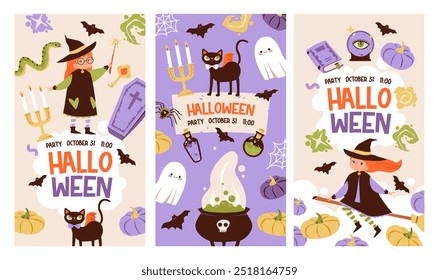 Modelo de festa de Halloween para redes sociais.  Crianças com fantasias engraçadas e assustadoras de bruxas, fantasmas e monstros. Fundo festivo, cartão postal para convite de evento. Banner da web do Dia das Bruxas.