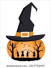 Halloween party template. Witches dance with brooms. Halloween coven. Black silhouettes of women and trees on orange background in pumpkin shape and witch's hat. Vector illustration.