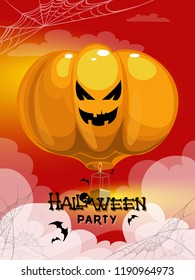 Halloween party text banner vector illustration. A balloon with a basket in the shape of a pumpkin flying in the sky with clouds.