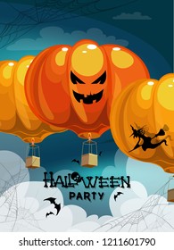 Halloween party text banner vector illustration. A balloon with a basket in the shape of a pumpkin flying in the sky with clouds. Witch on a broomstick flying on the background of a balloon.