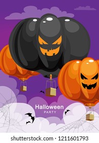 Halloween party text banner vector illustration. Balloons with a scary pumpkin shaped smile are flying in the sky with clouds and bats 