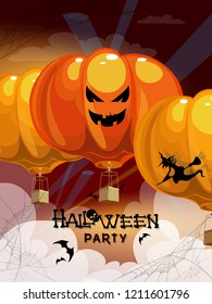 Halloween party text banner vector illustration. A balloon with a basket in the shape of a pumpkin flies in the sky with clouds. Spotlights illuminate the night sky and a witch on a broom flies