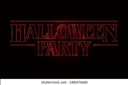 Halloween Party text design, Halloween word with Red glow text on black background. 80's style, eighties design. Vector illustration