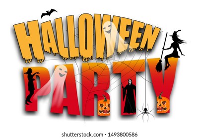 Halloween party text isolated on white background with spiderweb decorated pumpkin and ghosts, young witch and bat, grim reaper and zombie. Vector illustration.