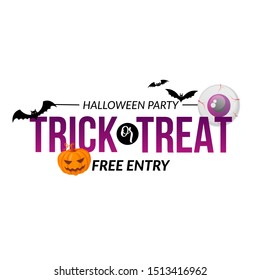 Halloween party text isolated on white. Holiday design element decorated with pumpkin and bats.