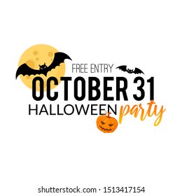 Halloween party text isolated on white. Holiday design element decorated with pumpkin, full moon and bats.